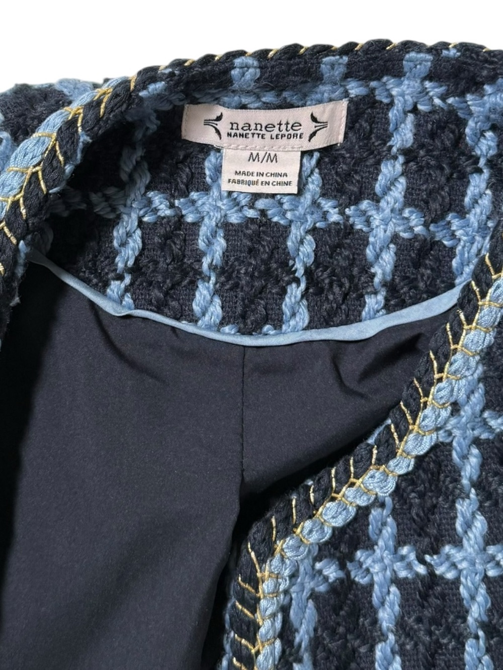 Nanette Lepore Windowpane Blue Tweed Bouclé Jacket Gold Buttons Medium - Picture 7 of 10